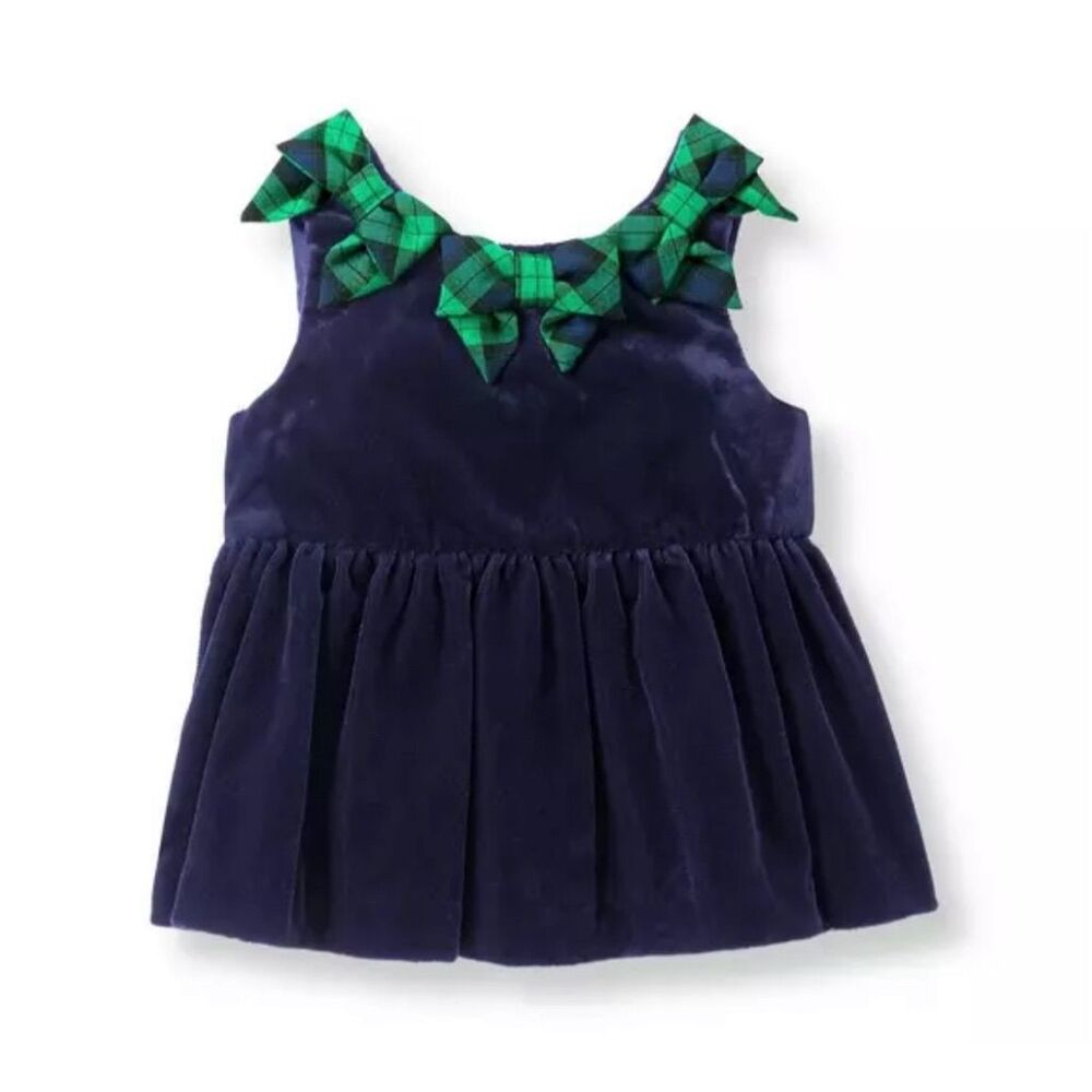 Janie & Jack Girls 2T Navy Velvet Top with‎ Tartan Bows